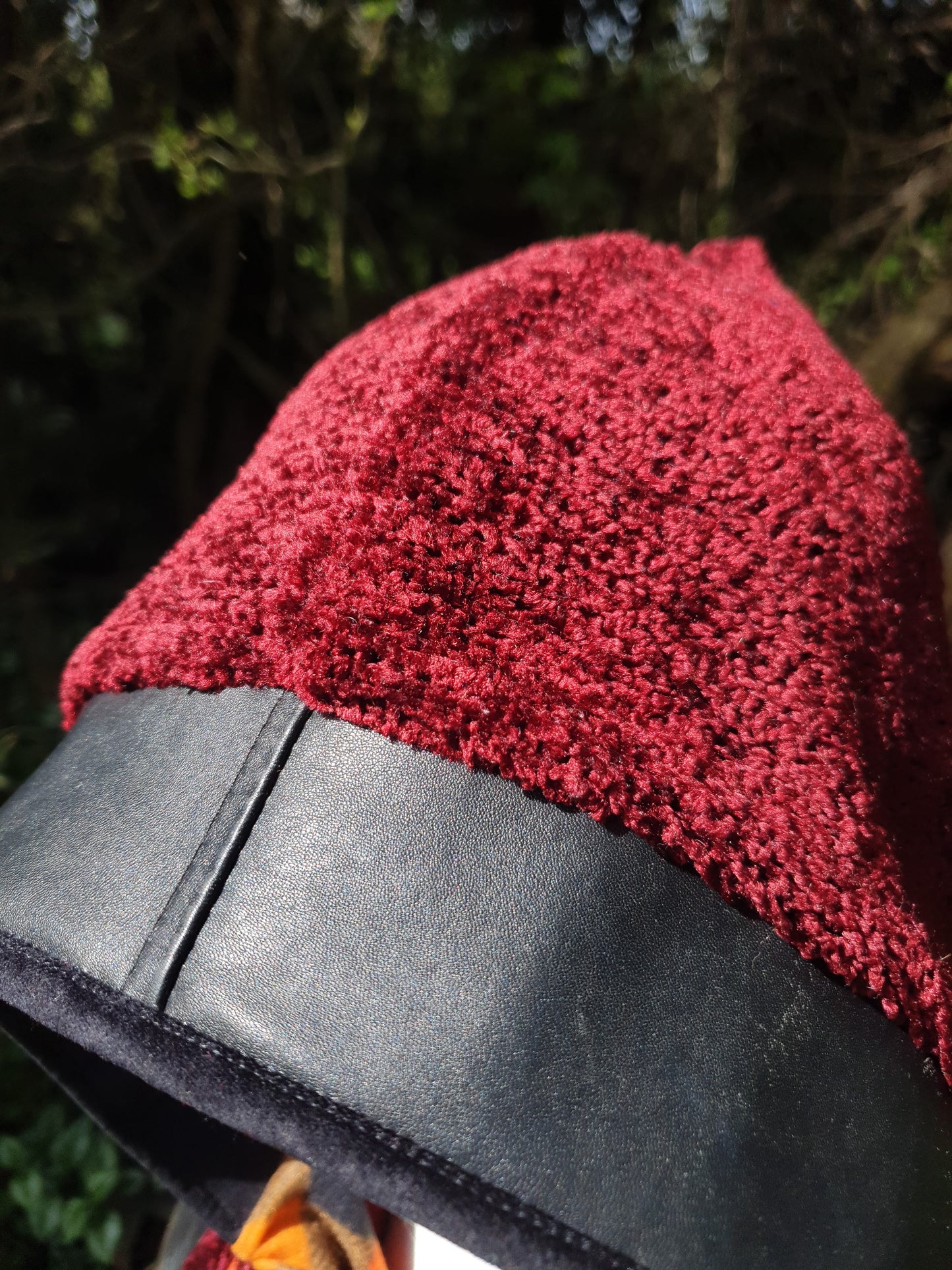 Deep red Chenille Hooded Scarf, Leather Trim