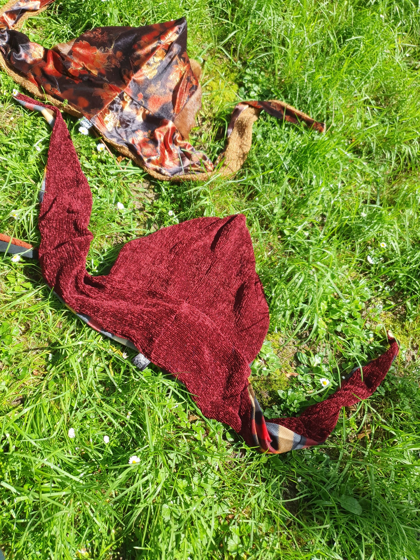 Deep red Chenille Hooded Scarf, Leather Trim