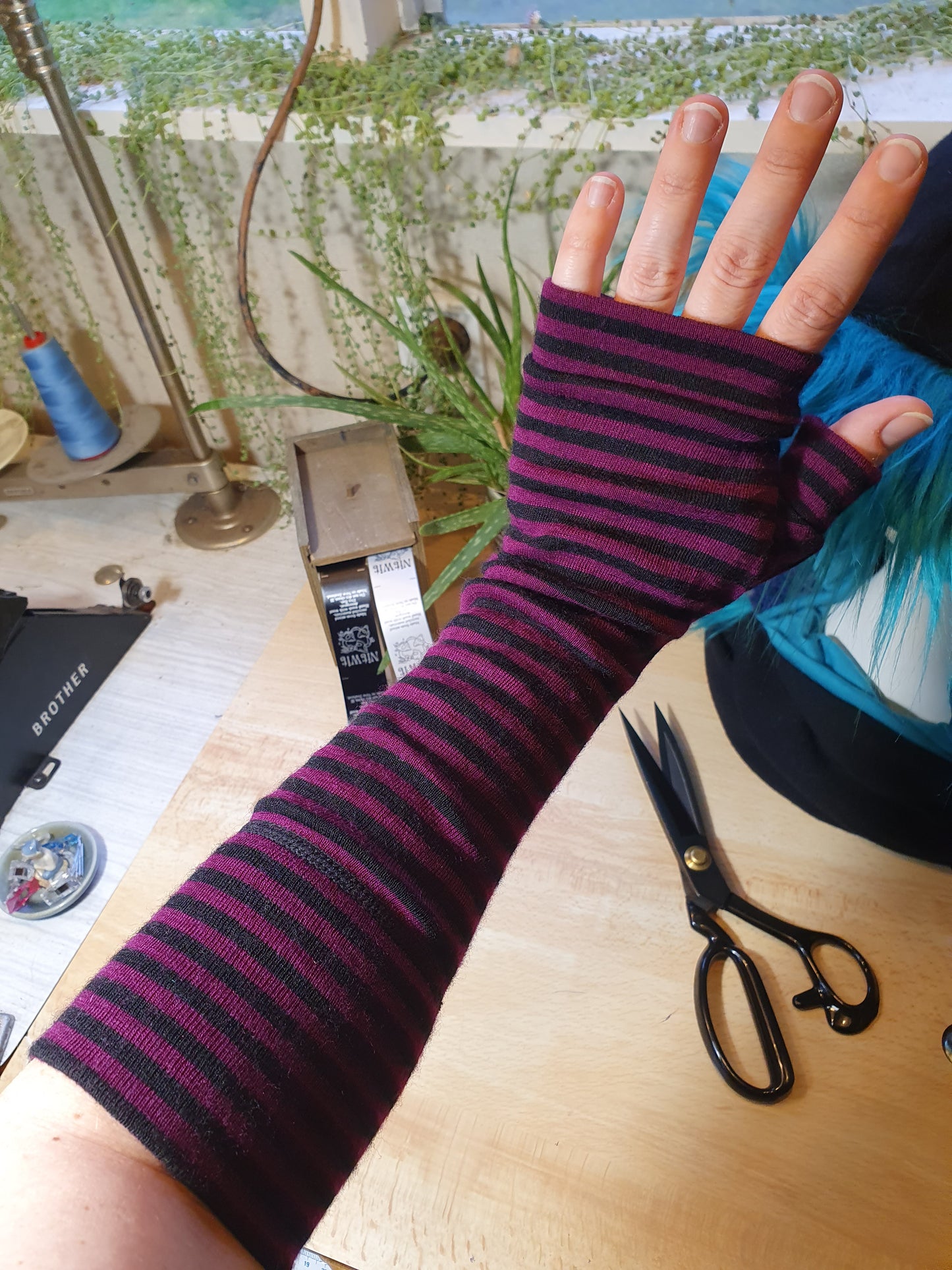 Black and pink extra long merino fingerless gloves