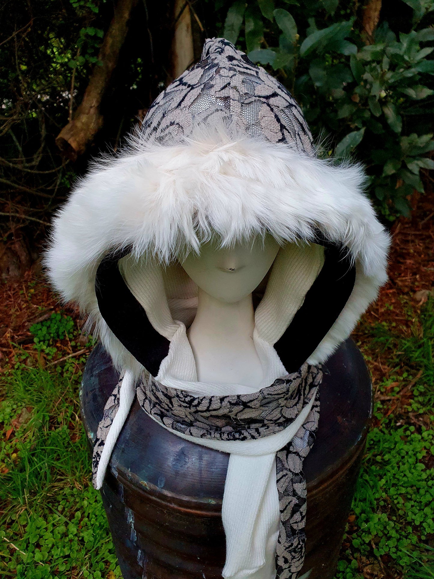 Snowy Alpaca Fur and Lace Hooded Scarf and Glove set
