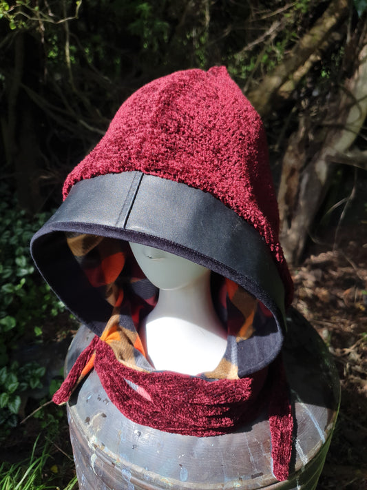 Deep red Chenille Hooded Scarf, Leather Trim