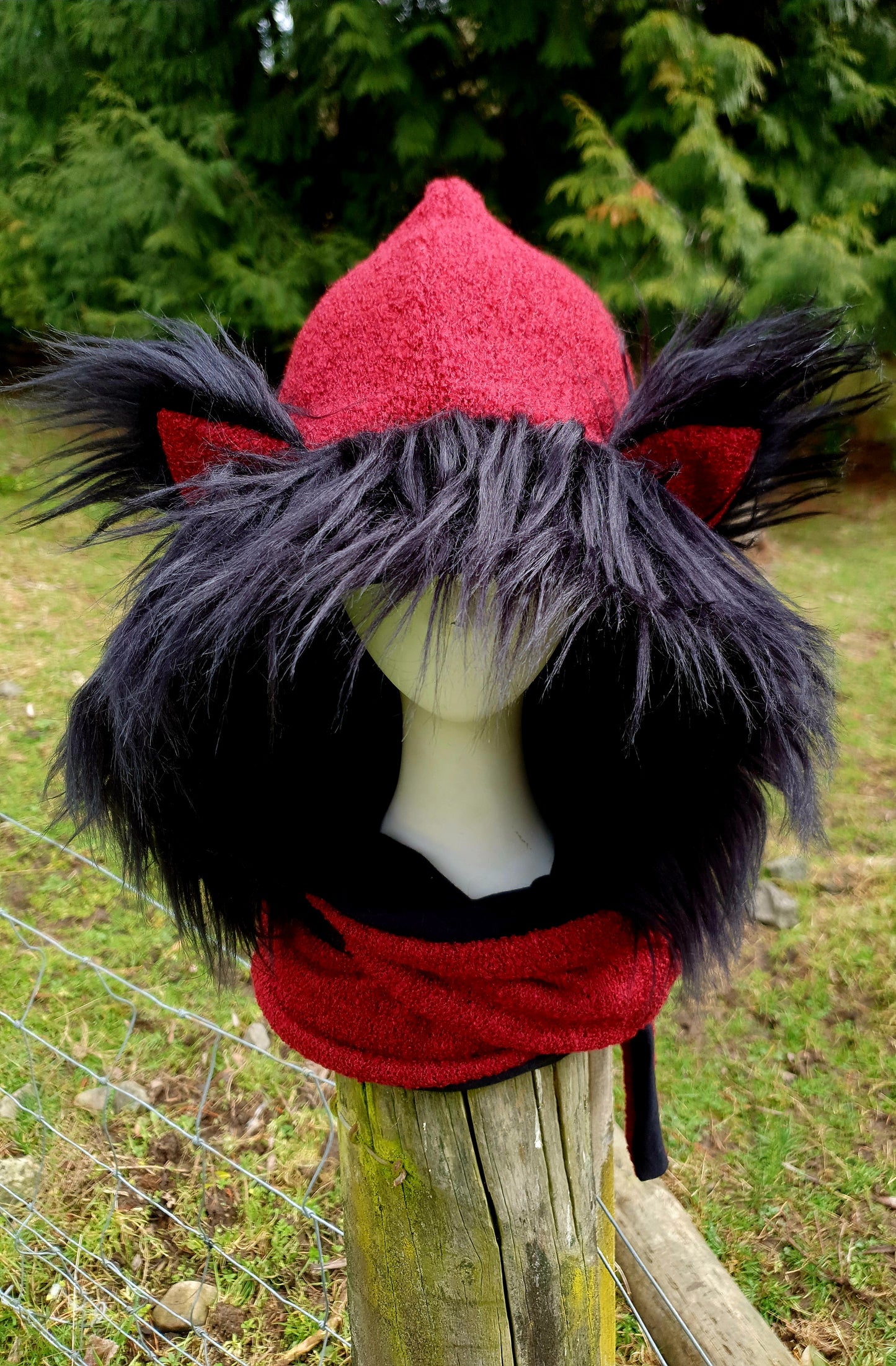 Red & Black Textured Hooded Scarf