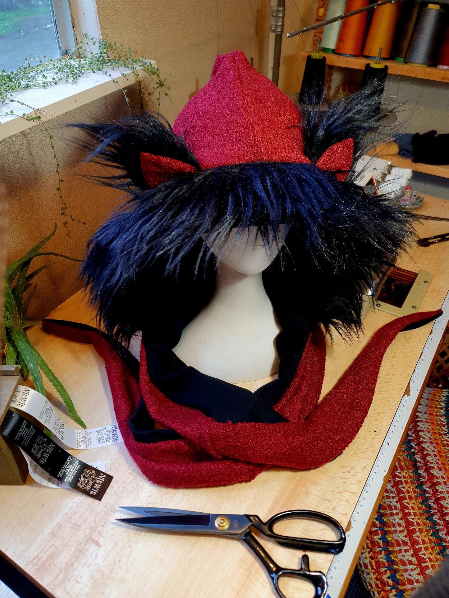 Red & Black Textured Hooded Scarf