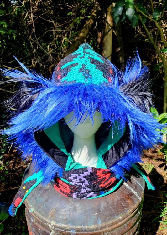 Funky 1980s knit Hooded Scarf & Gloves