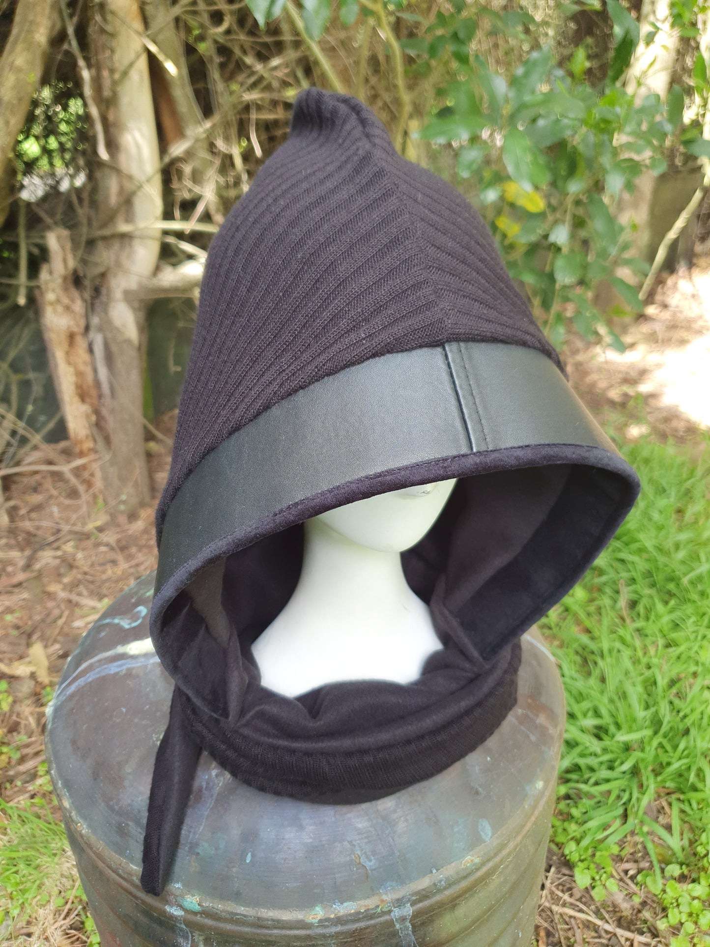 Solid Black Leather Trim Hooded Scarf