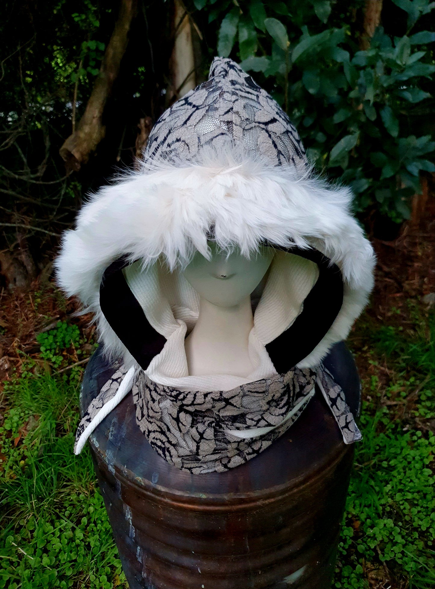 Snowy Alpaca Fur and Lace Hooded Scarf and Glove set