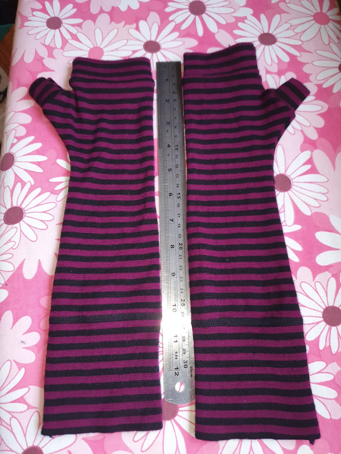 Black and pink extra long merino fingerless gloves