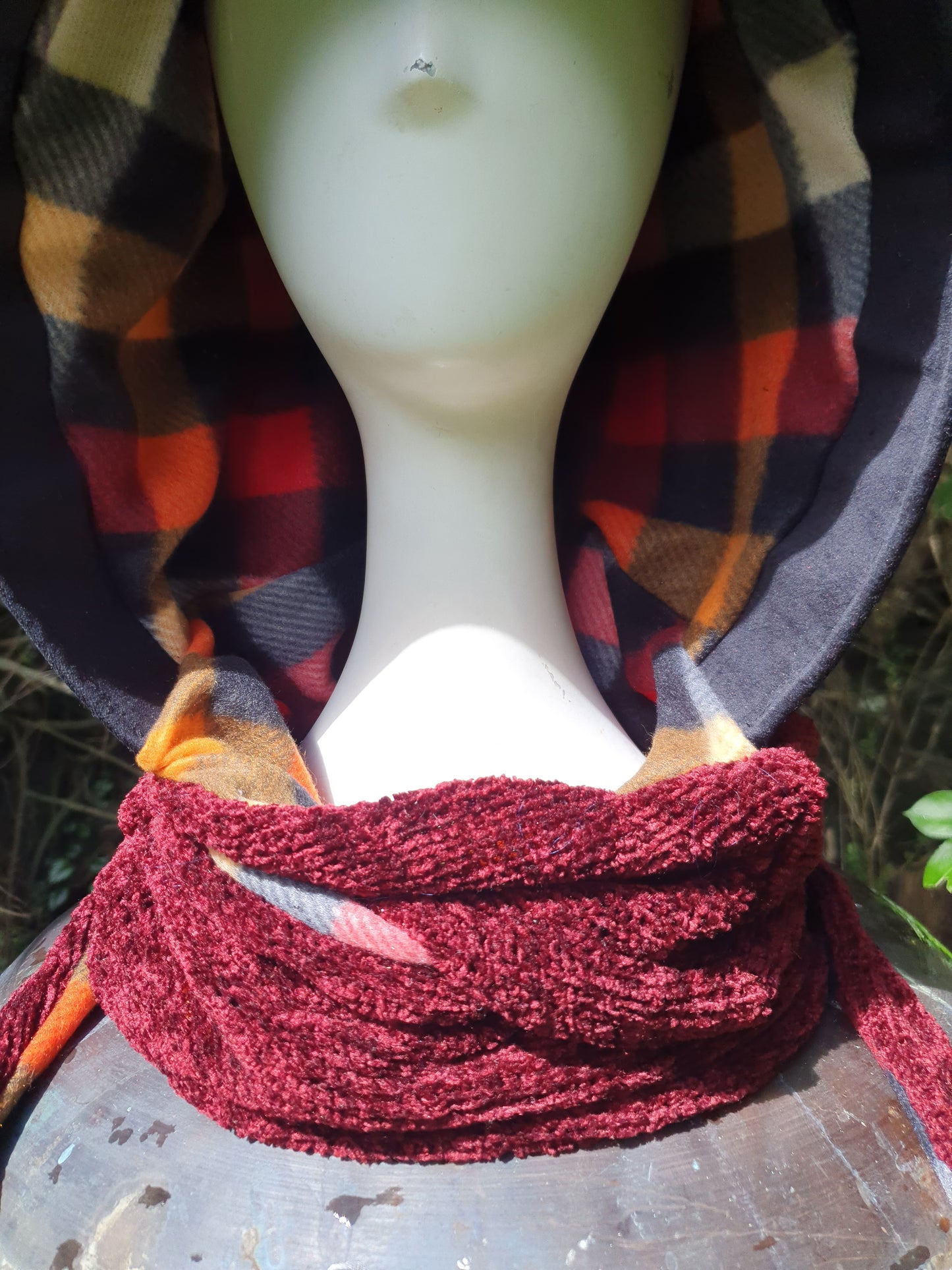 Deep red Chenille Hooded Scarf, Leather Trim