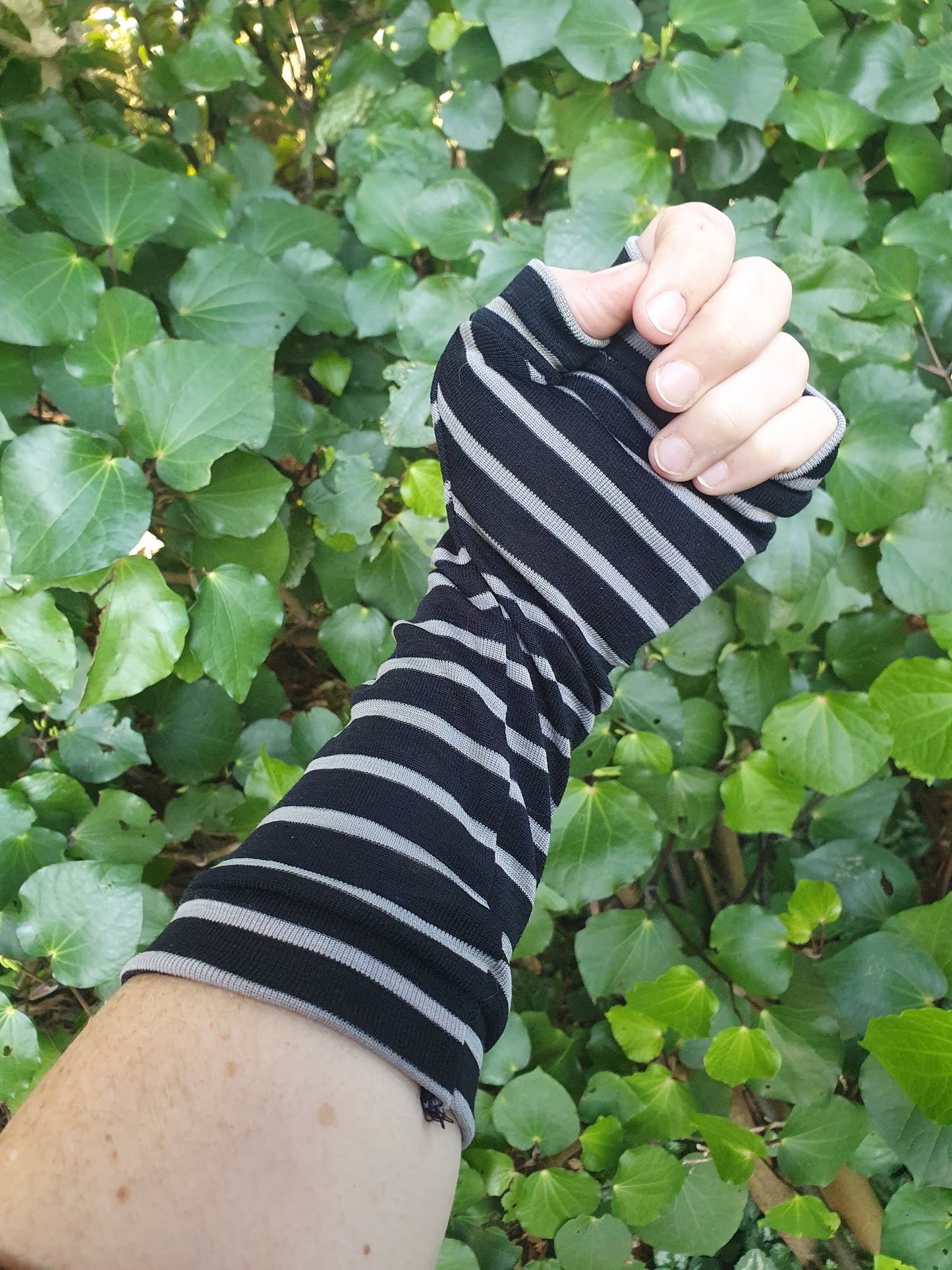 Merino stripey fingerless gloves