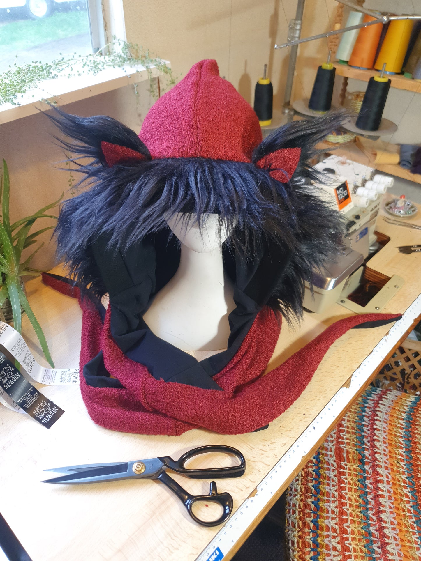 Red & Black Textured Hooded Scarf