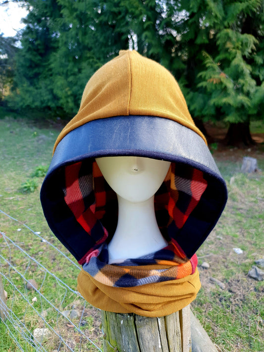 Merino Ochre and Leather Hooded Scarf