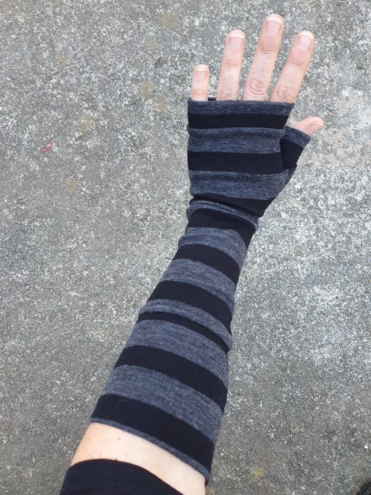 Long Merino Fingerless Gloves. Black grey stripeys