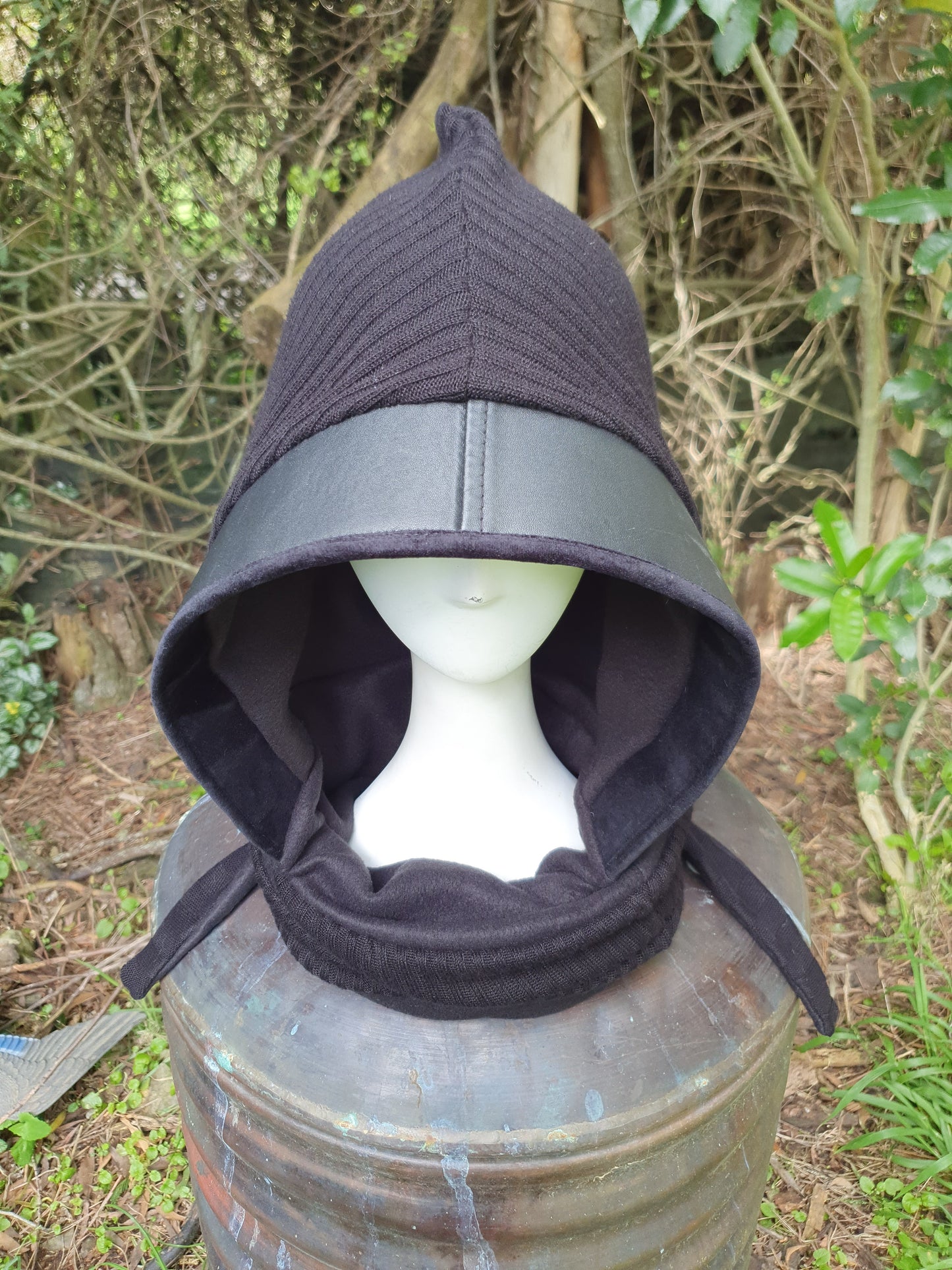 Solid Black Leather Trim Hooded Scarf