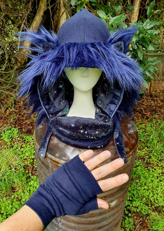 Deep Darkest Blue merino set. Iridescent Sparkle Celestial Lining