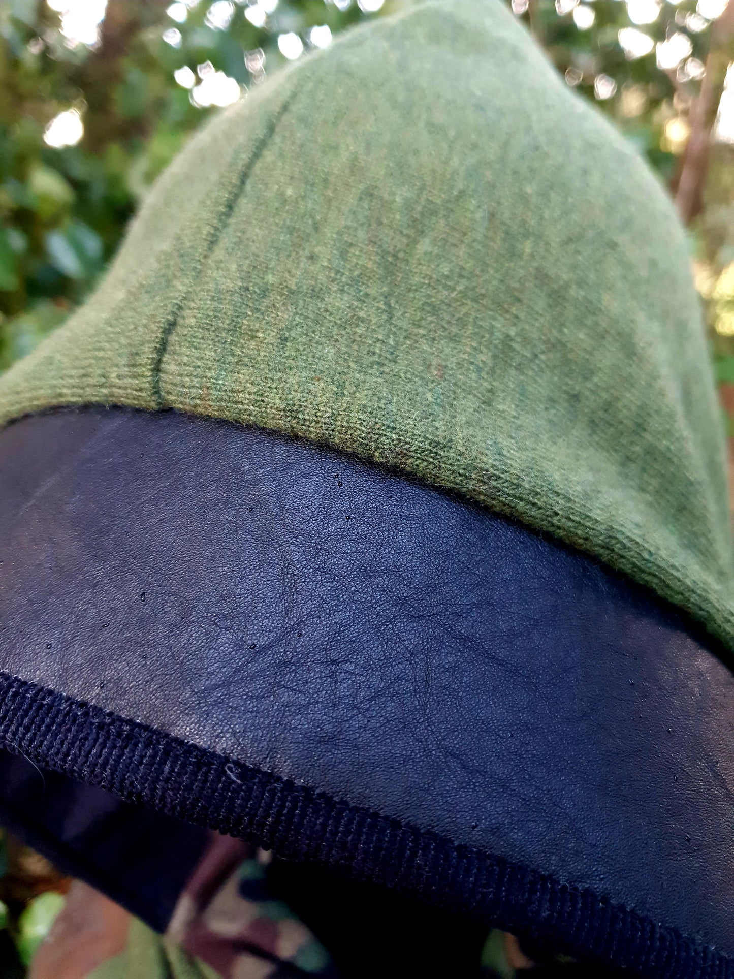 Mossy Green Wool, Leather & Camo Fleece Reversible Hooded Scarf