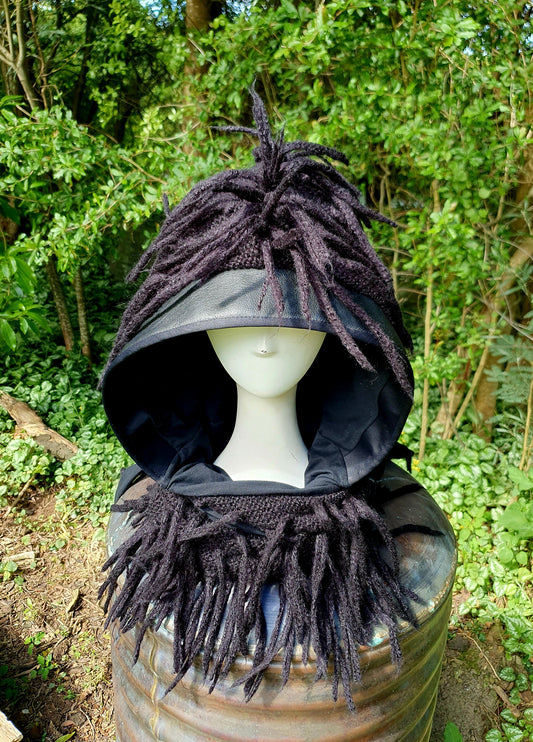 Shaggy black tassels hooded scarf