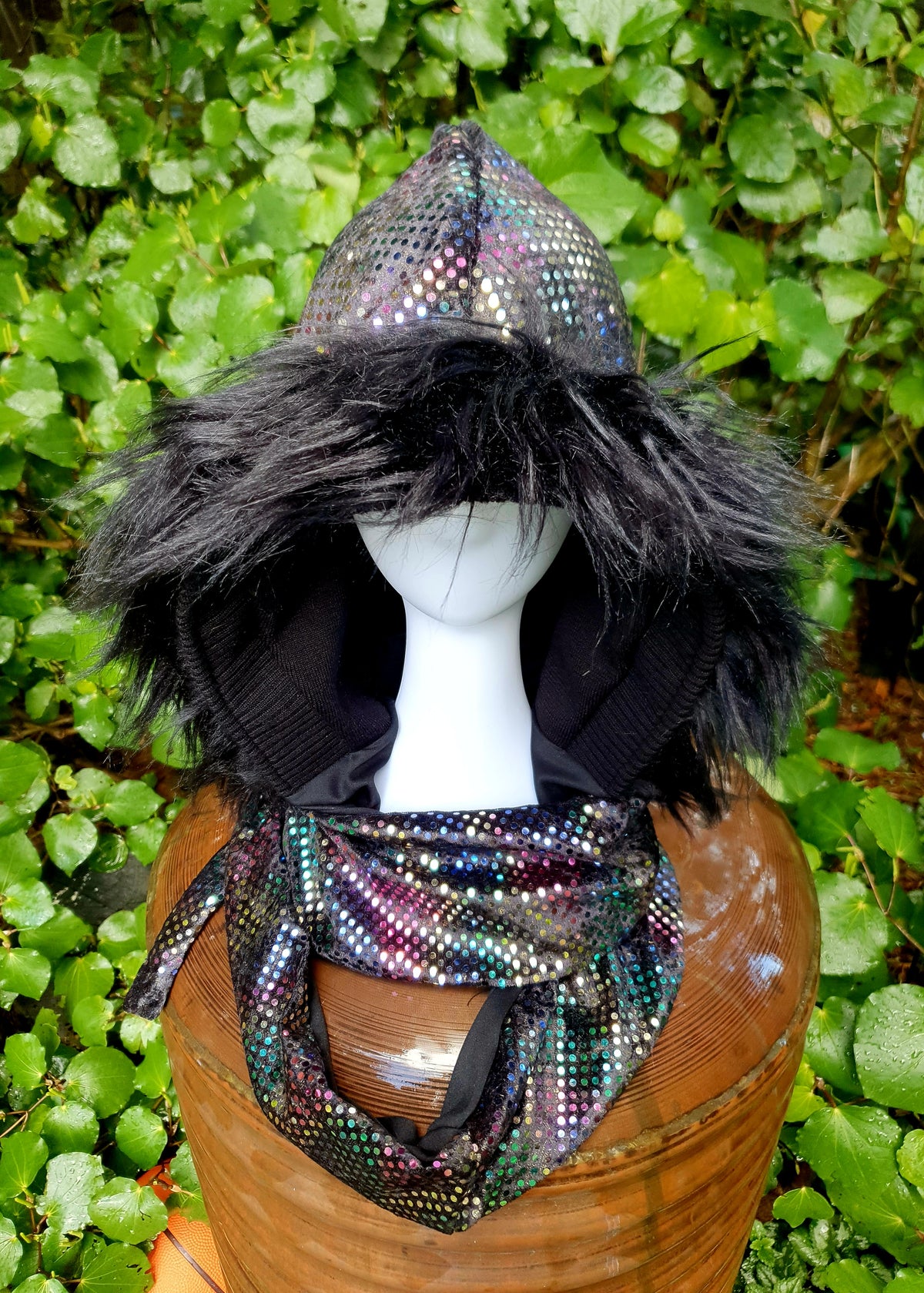 Iridescent Black Rainbow Hooded Scarf