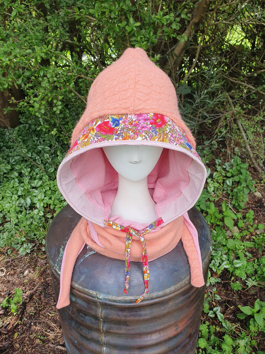 Peachy cableknit floral hooded scarf