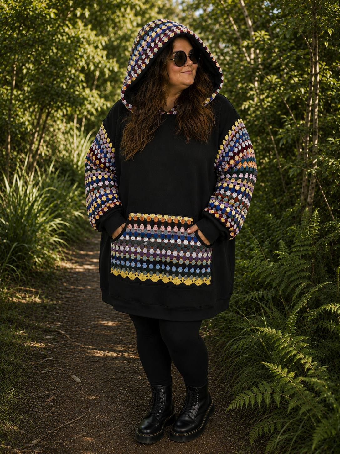 XXL Long Hoodie. Vintage Crochet and fleece
