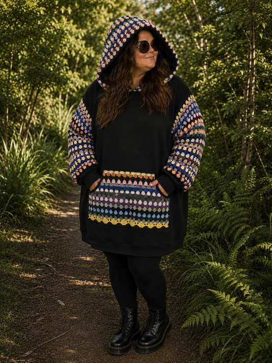 XXL Long Hoodie. Vintage Crochet and fleece