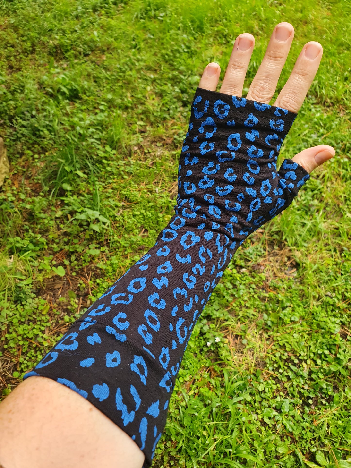 Black and Blue long Fingerless Gloves