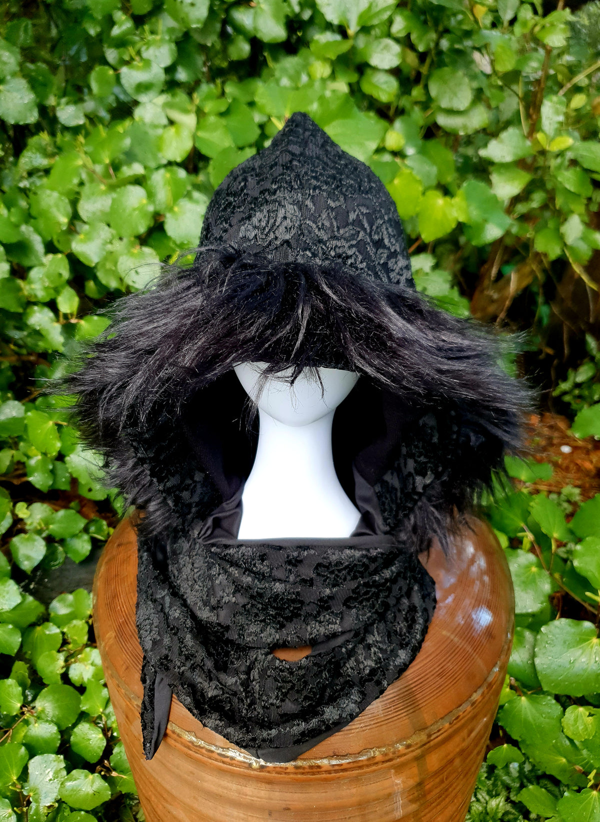 Triple Black Lace Hooded Scarf