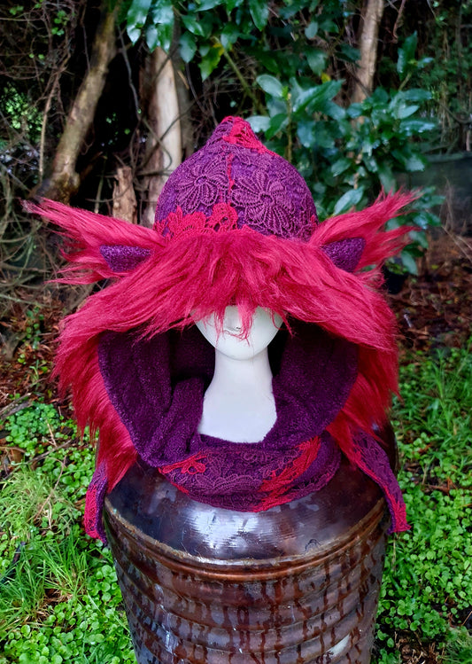 Aubergine and Autumn Red lace Hooded Scarf