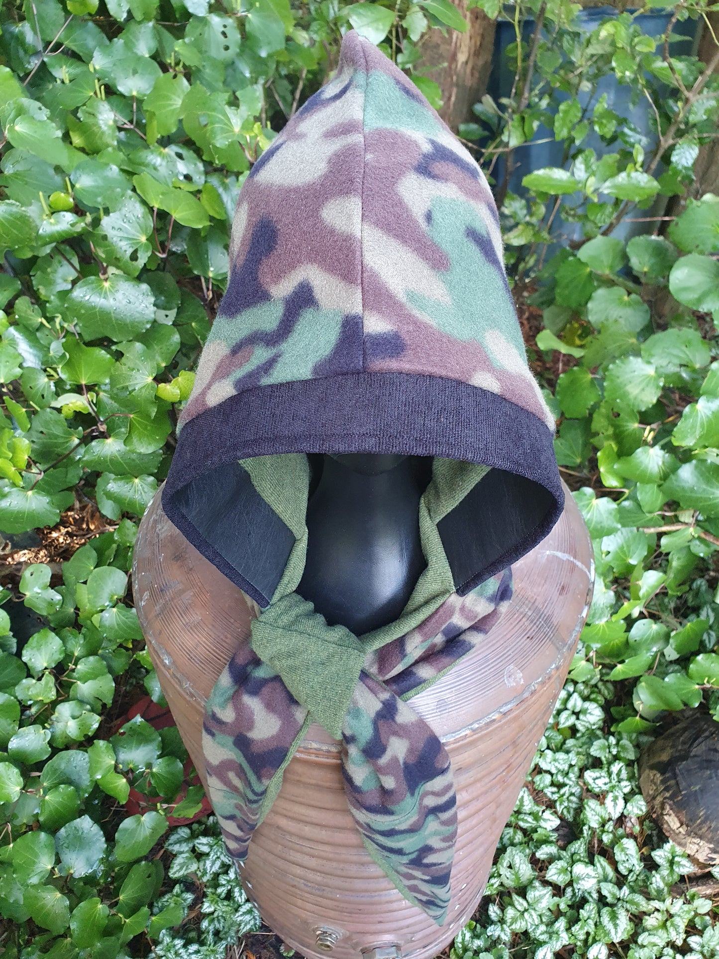 Mossy Green Wool, Leather & Camo Fleece Reversible Hooded Scarf
