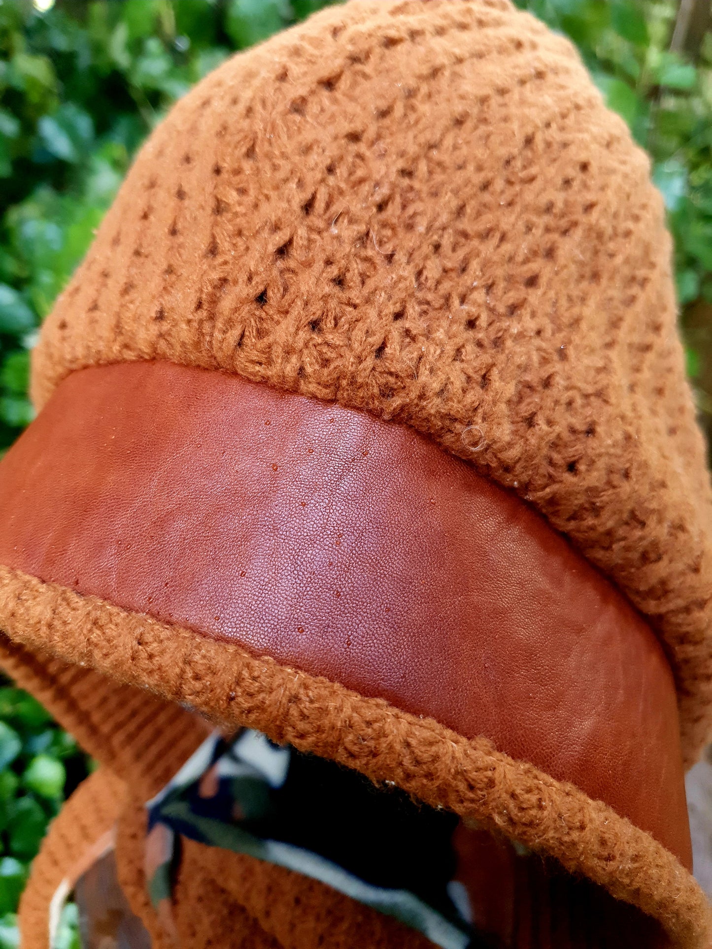 Chunky Ochre, Leather and camo fleece reversible Hooded Scarf
