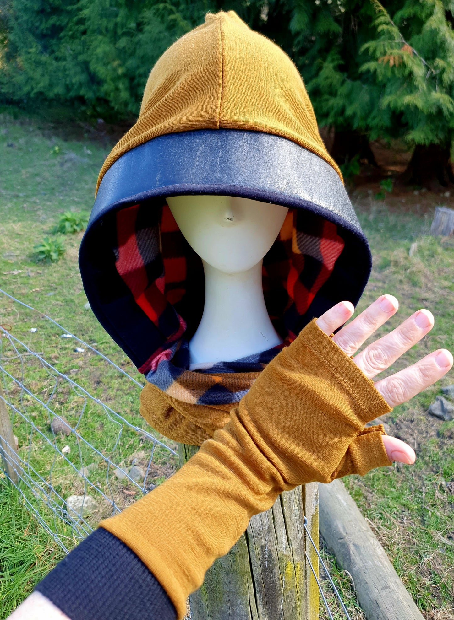 Merino Ochre and Leather Hooded Scarf