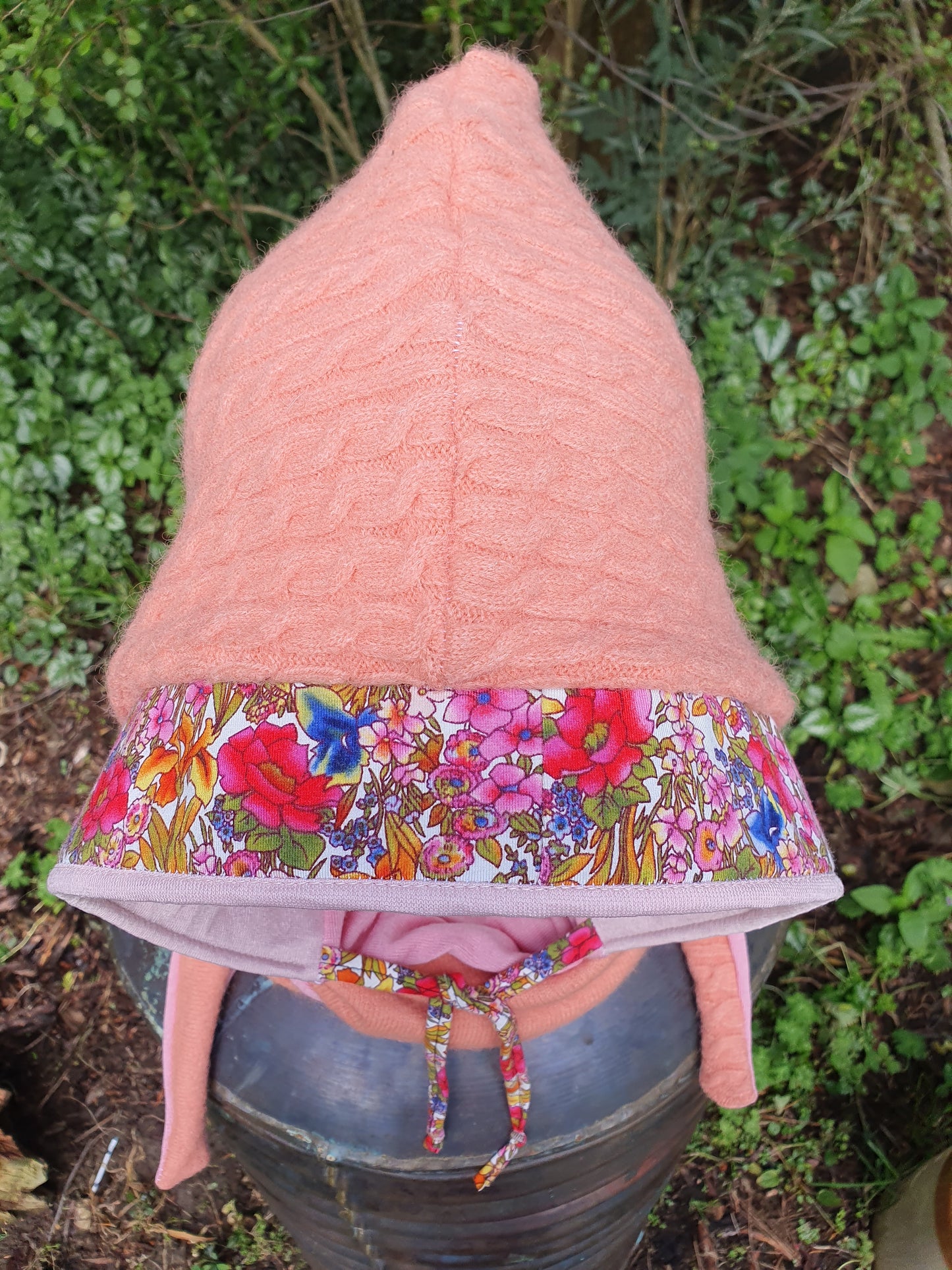 Peachy cableknit floral hooded scarf