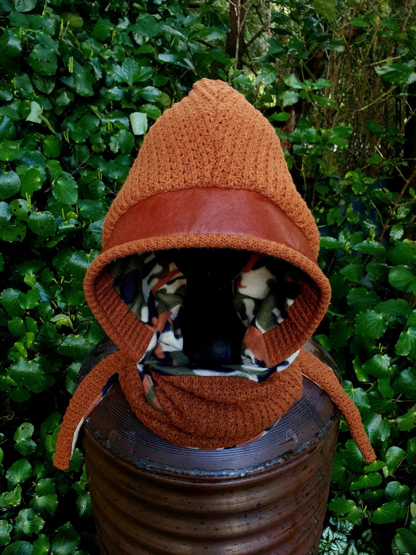 Chunky Ochre, Leather and camo fleece reversible Hooded Scarf
