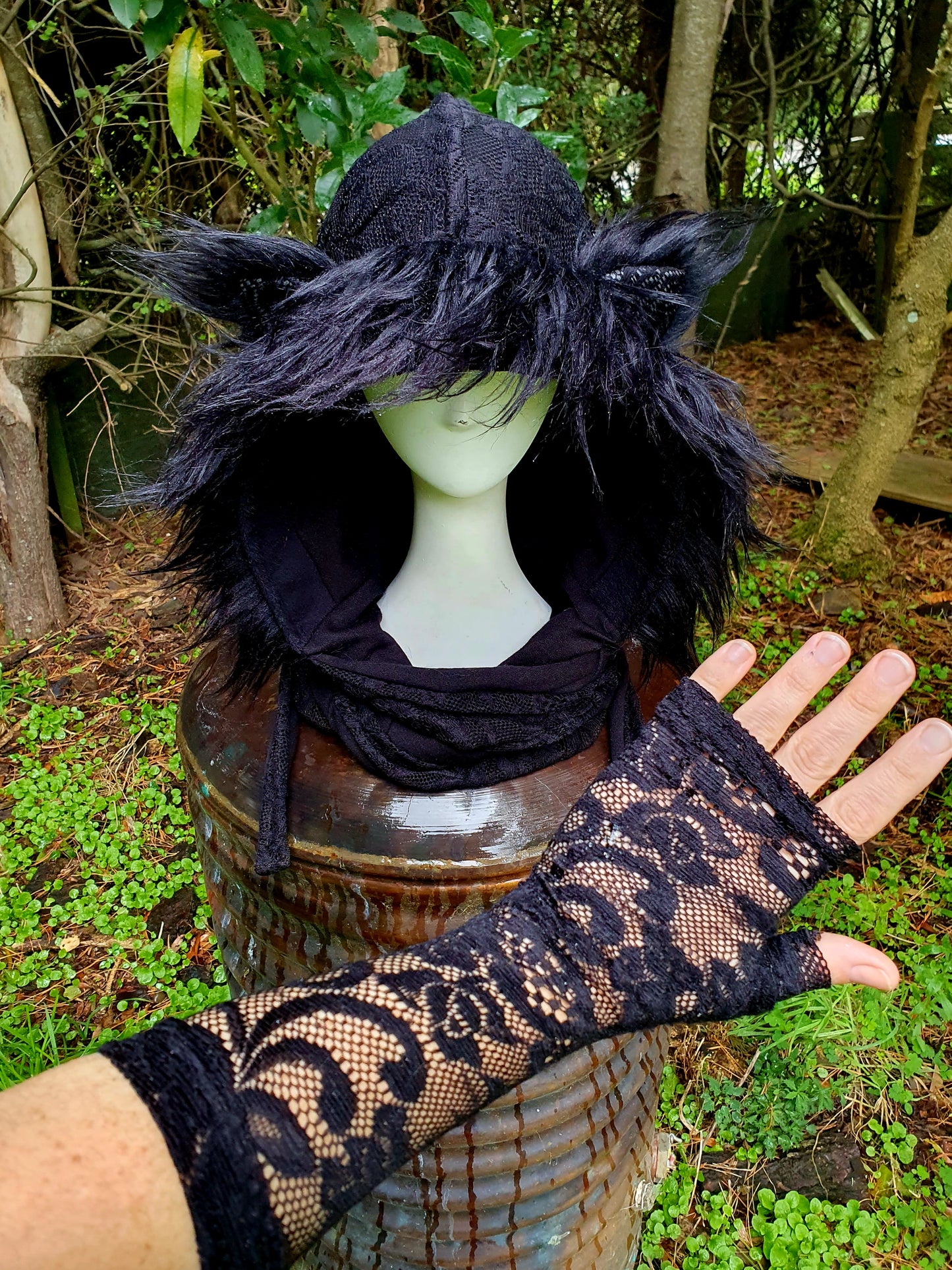 Black, black and black lacey Hood and Glove set