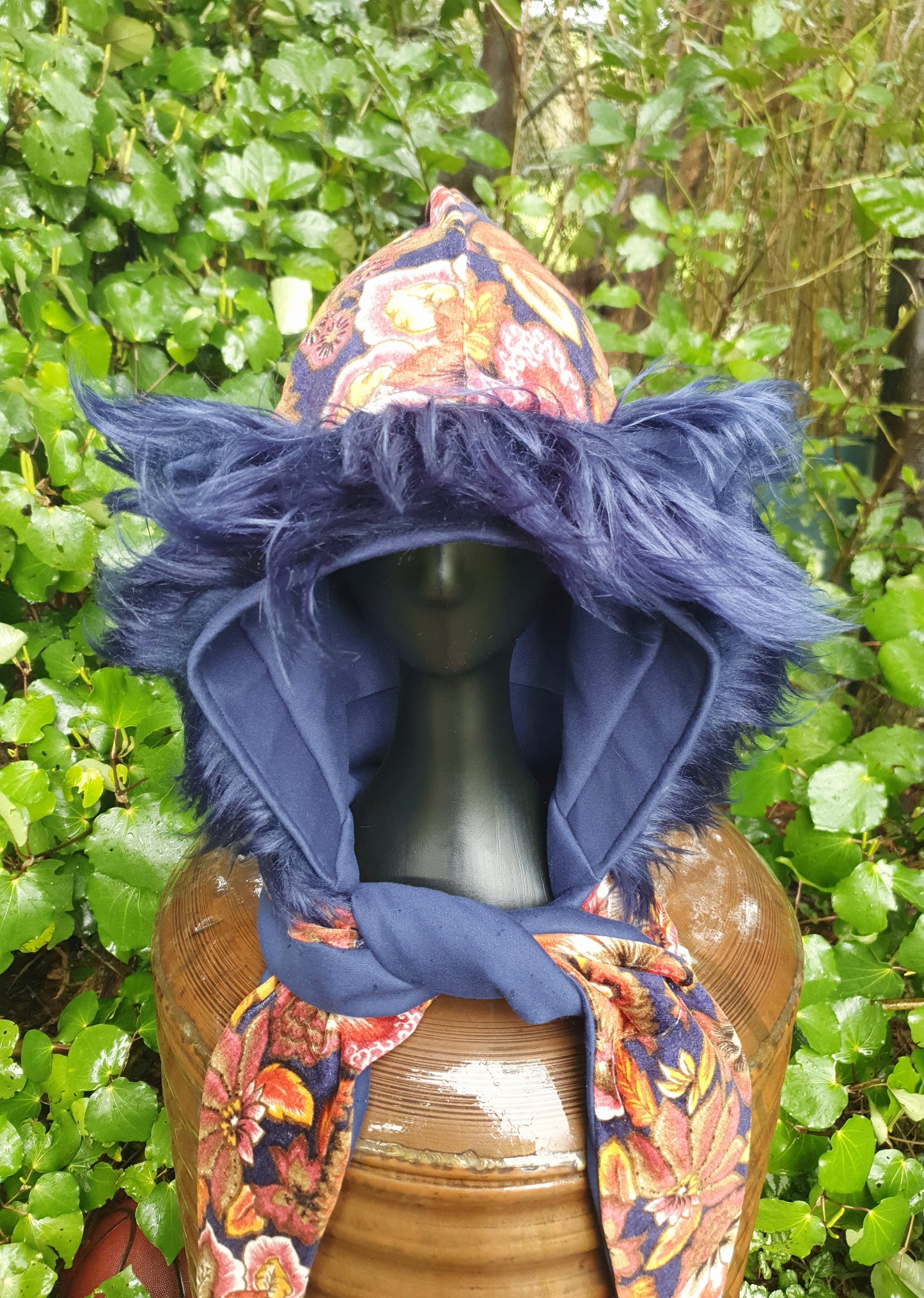 Earthy Floral & dark Blue Hood and Glove set