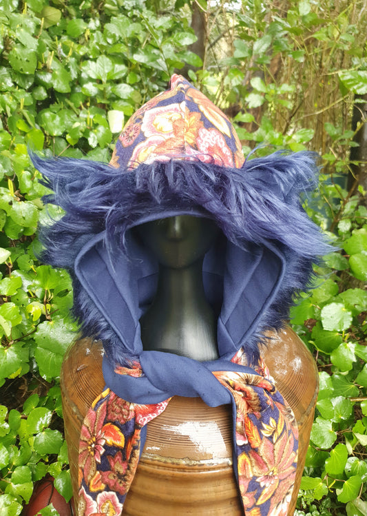 Earthy Floral & dark Blue Hood and Glove set