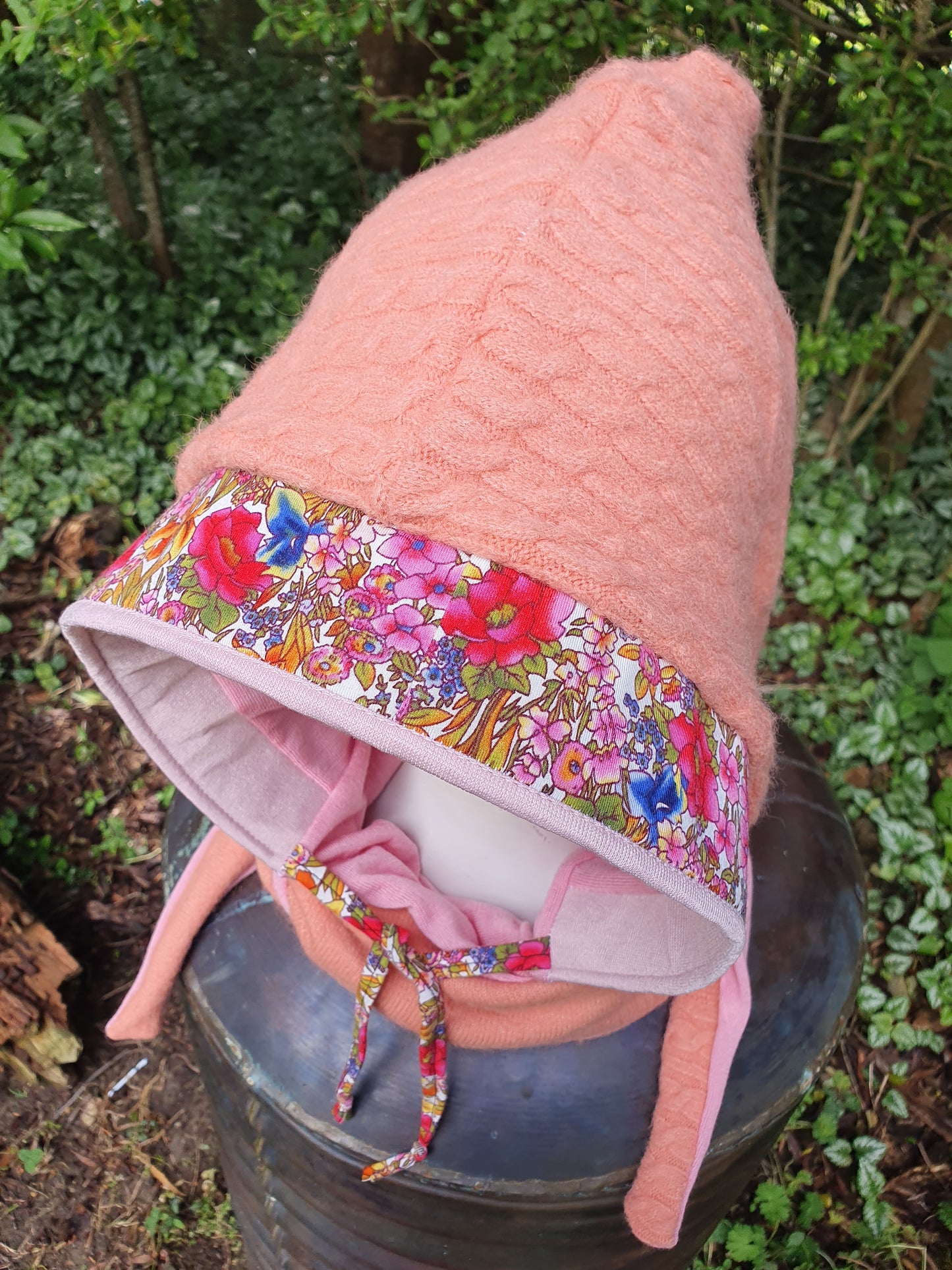 Peachy cableknit floral hooded scarf