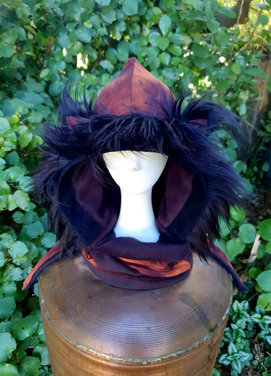 Lava & Black faux fur Hooded Scarf