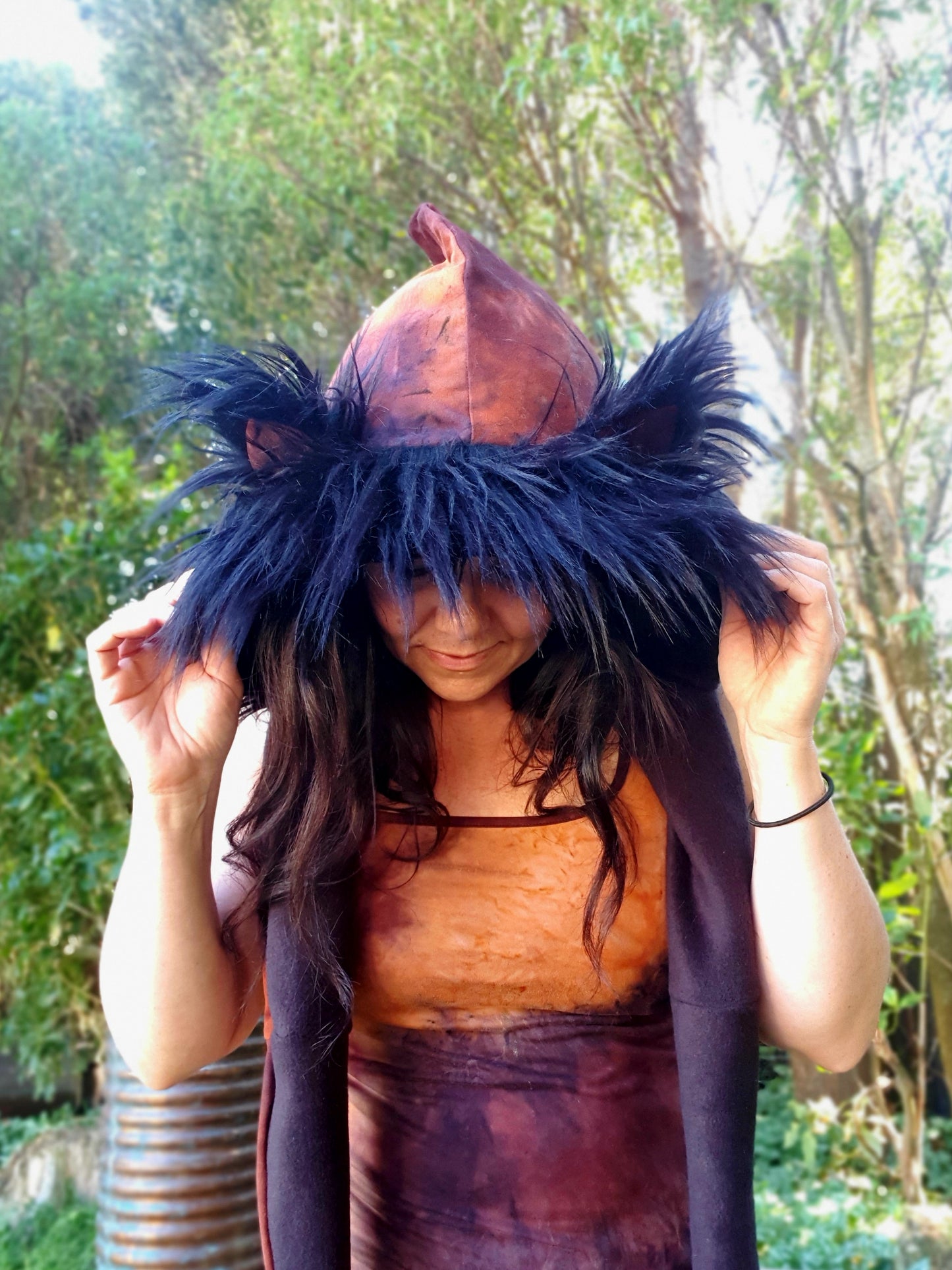 Lava & Black faux fur Hooded Scarf