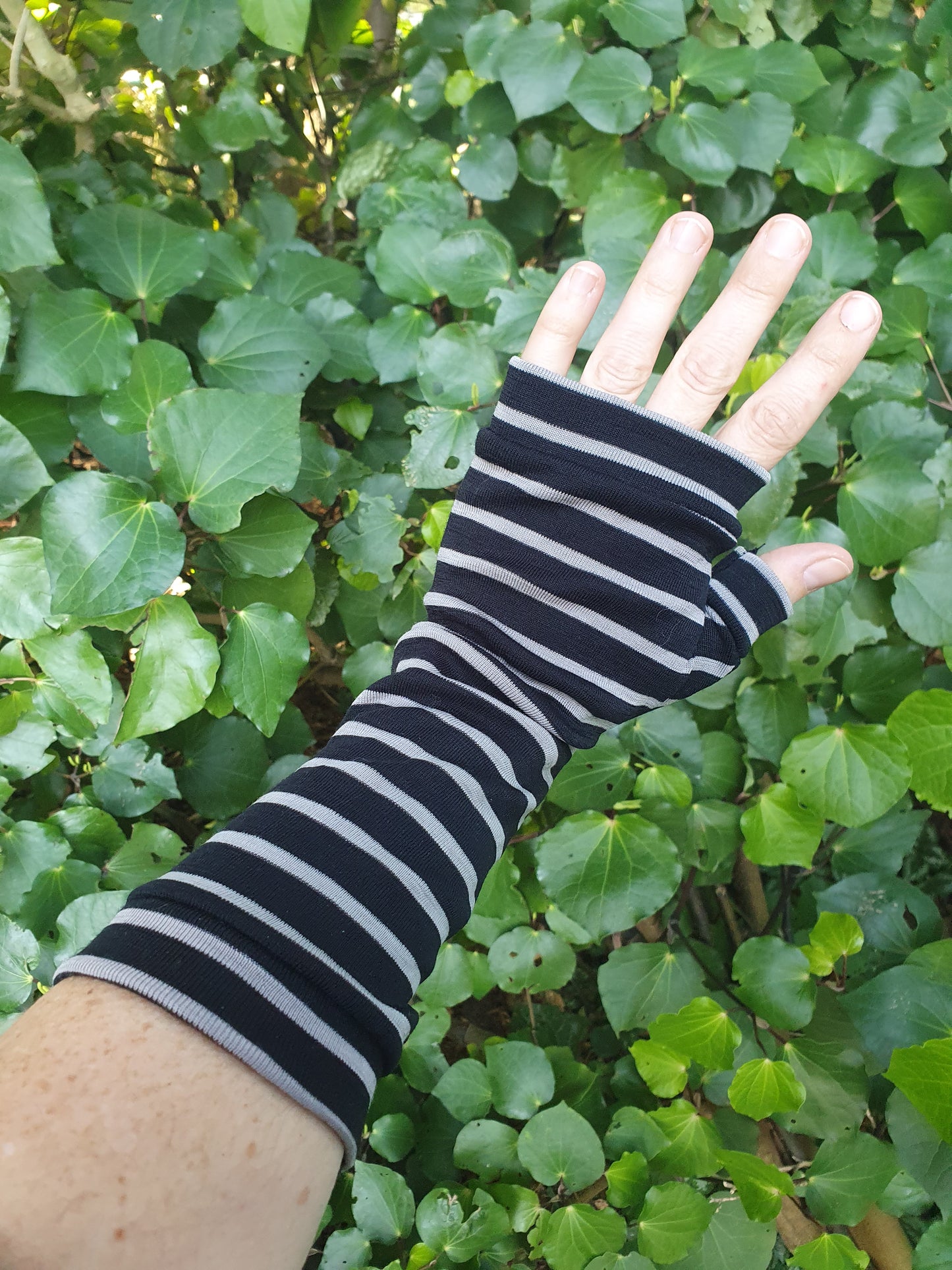 Merino stripey fingerless gloves