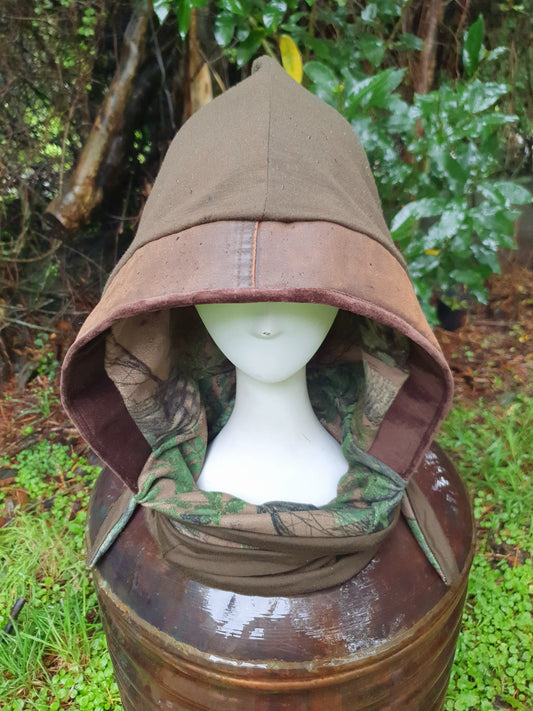 NZ bush camo, oilskin trim Hooded Scarf