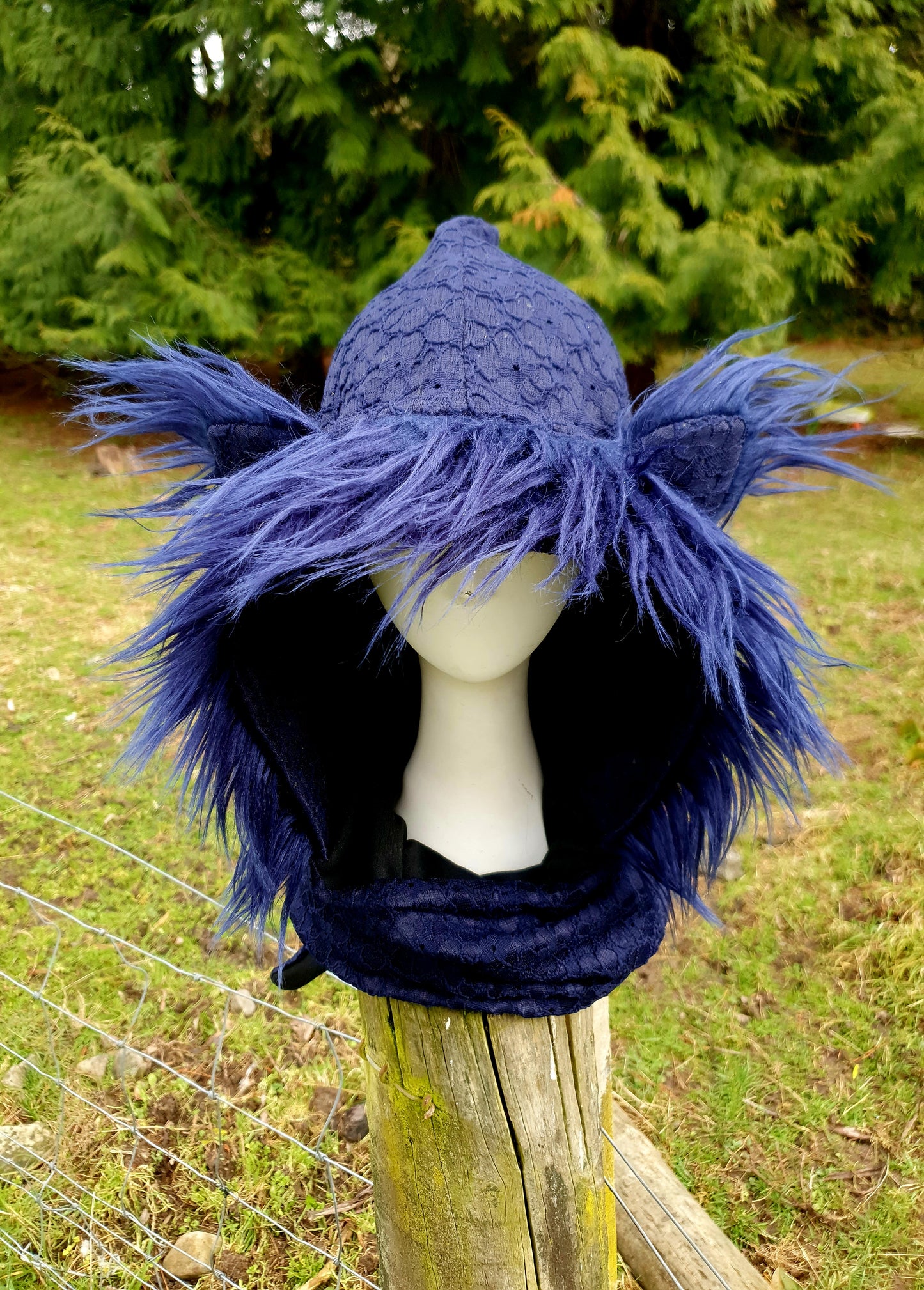 Dark midnight blue lacey hooded scarf