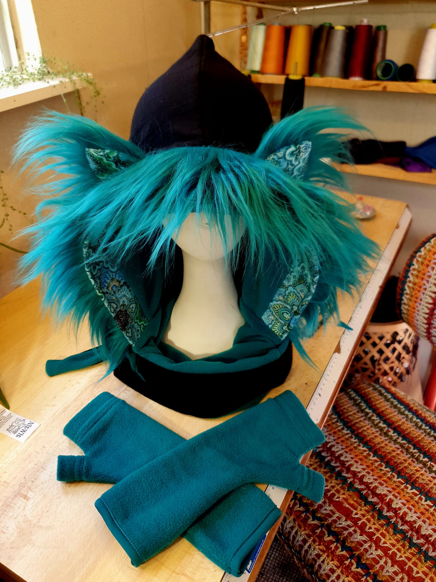 Teal and Black Mandala Hood and Glove set