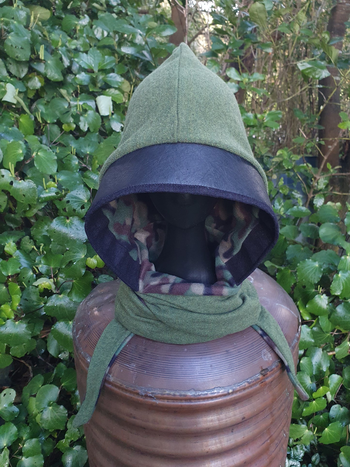 Mossy Green Wool, Leather & Camo Fleece Reversible Hooded Scarf