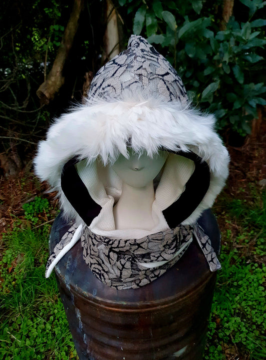 Snowy Alpaca Fur and Lace Hooded Scarf and Glove set