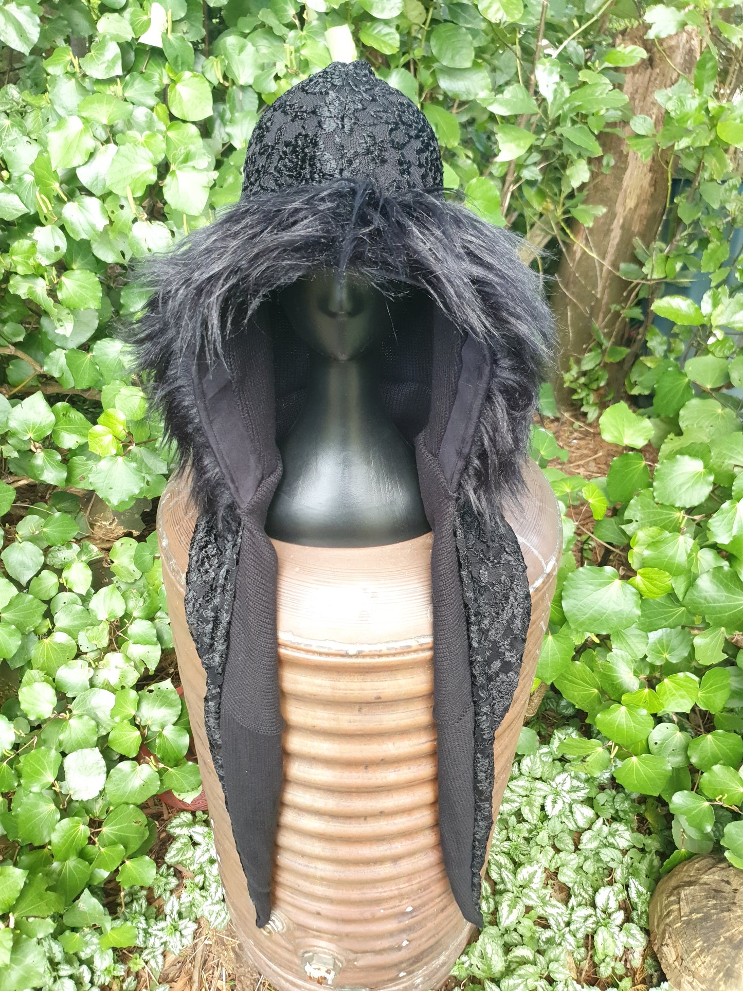 Triple Jet Black Lace Hooded Scarf