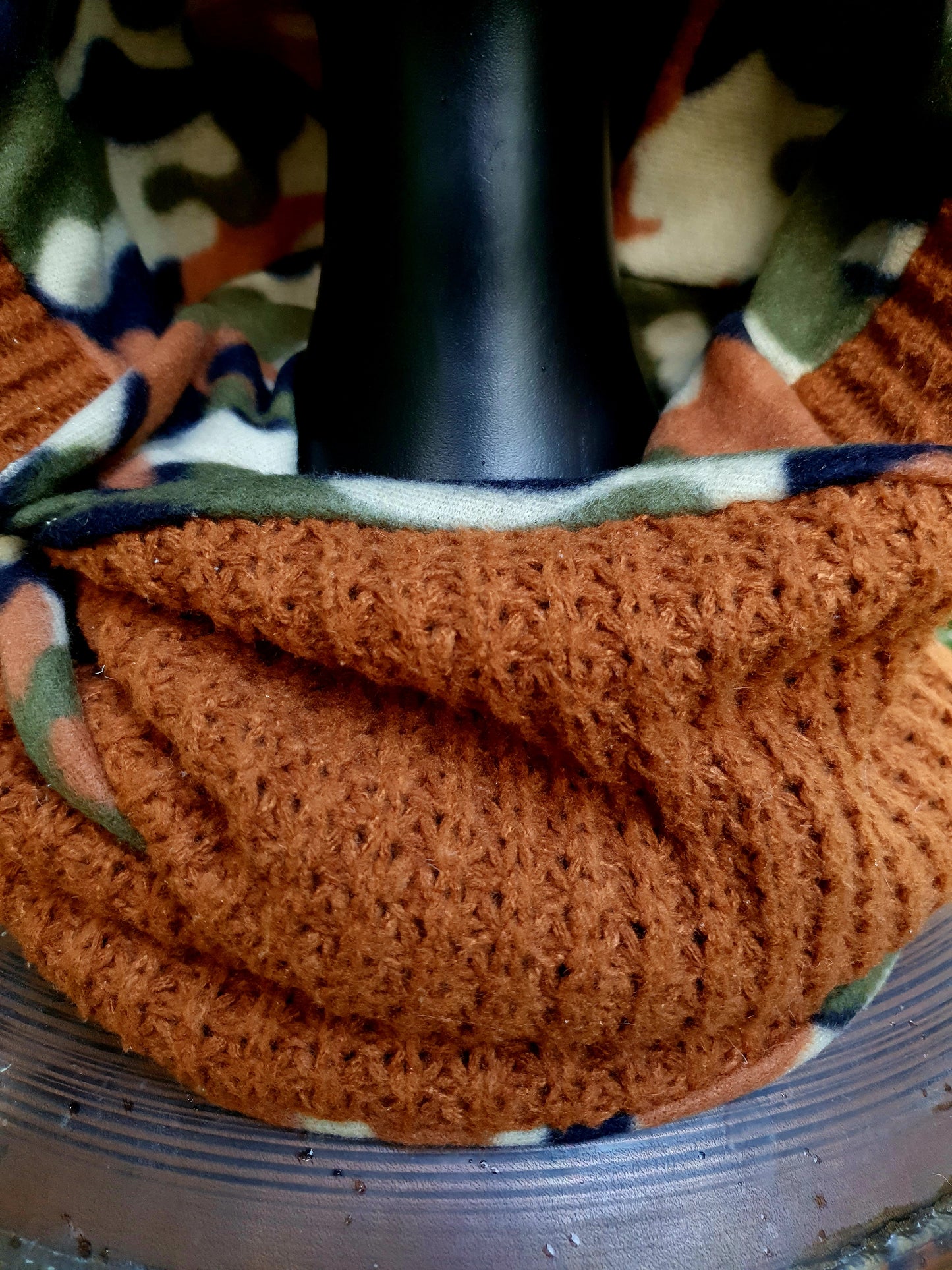 Chunky Ochre, Leather and camo fleece reversible Hooded Scarf