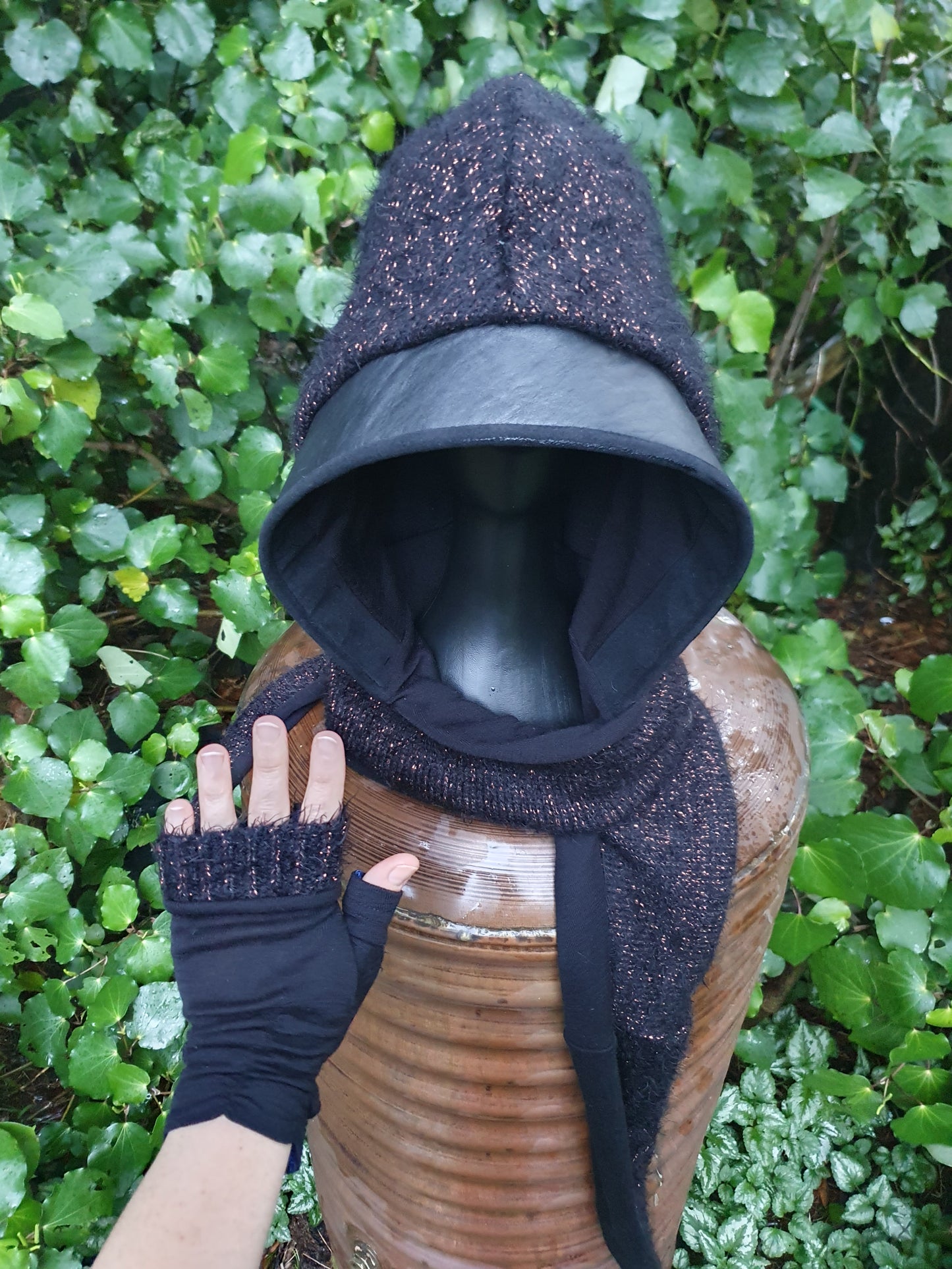 Black Copper, Merino and Leather Hood set