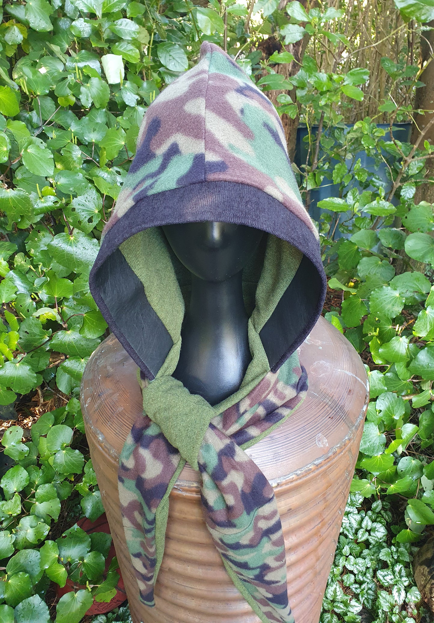 Mossy Green Wool, Leather & Camo Fleece Reversible Hooded Scarf