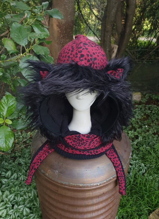 Dark Red and Black Hooded Scarf
