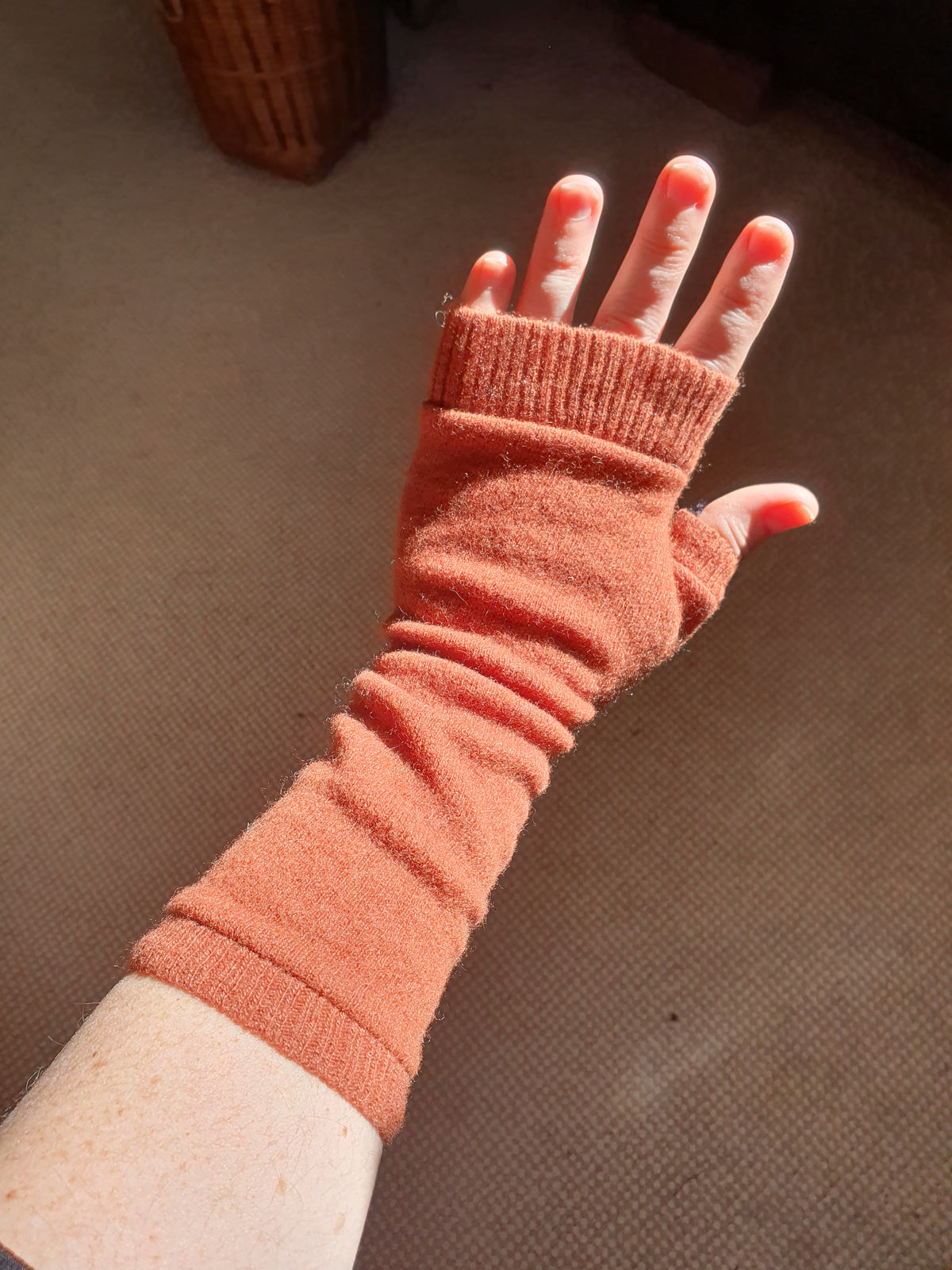Chunky Ochre, Leather and camo fleece reversible Hooded Scarf with Lambswool Gloves